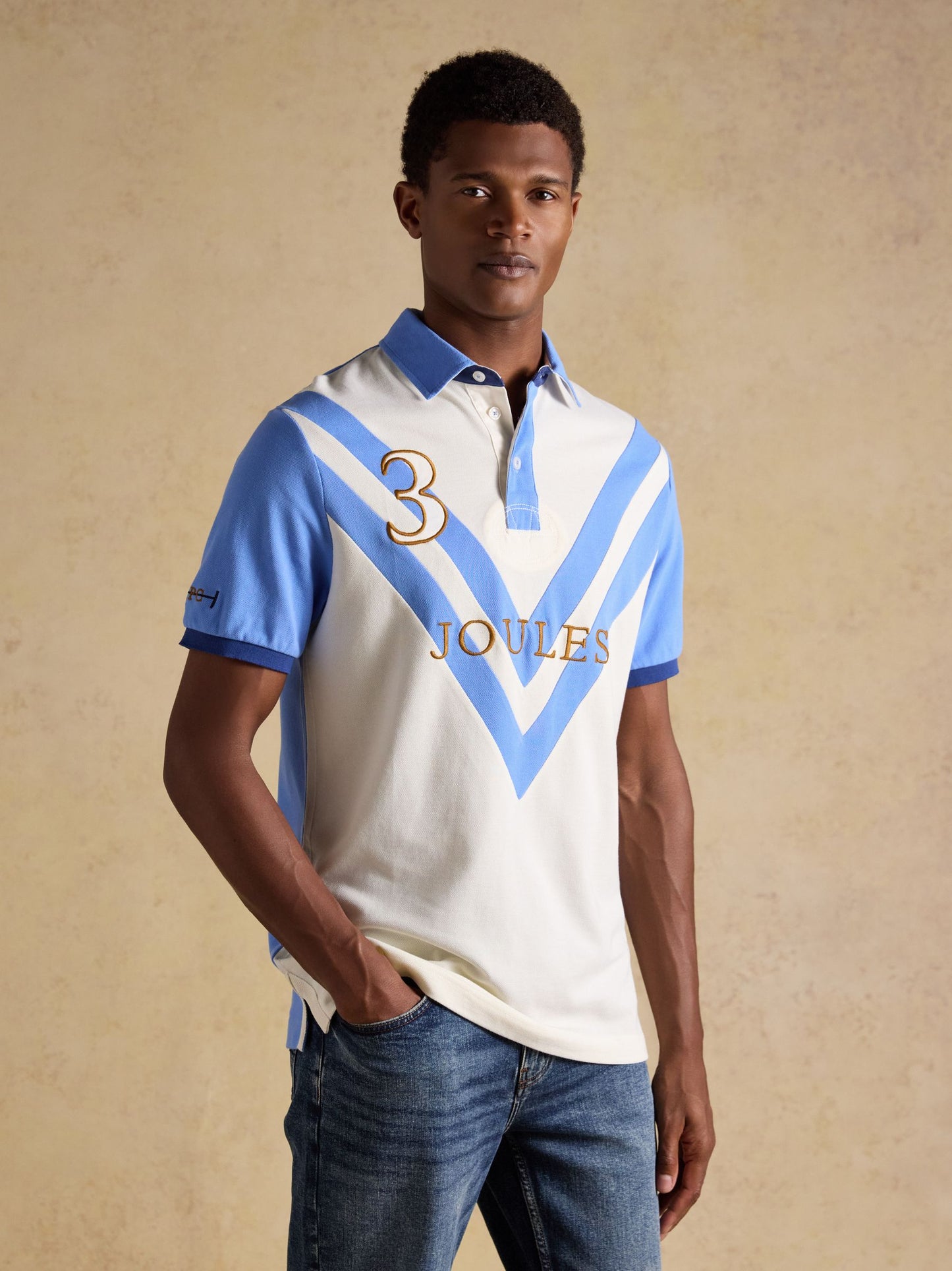 Embellished Cotton Pique Polo Shirt Cream & Blue
