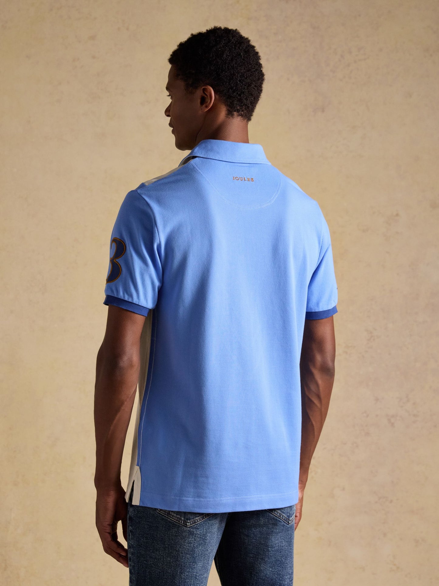 Embellished Cotton Pique Polo Shirt Cream & Blue