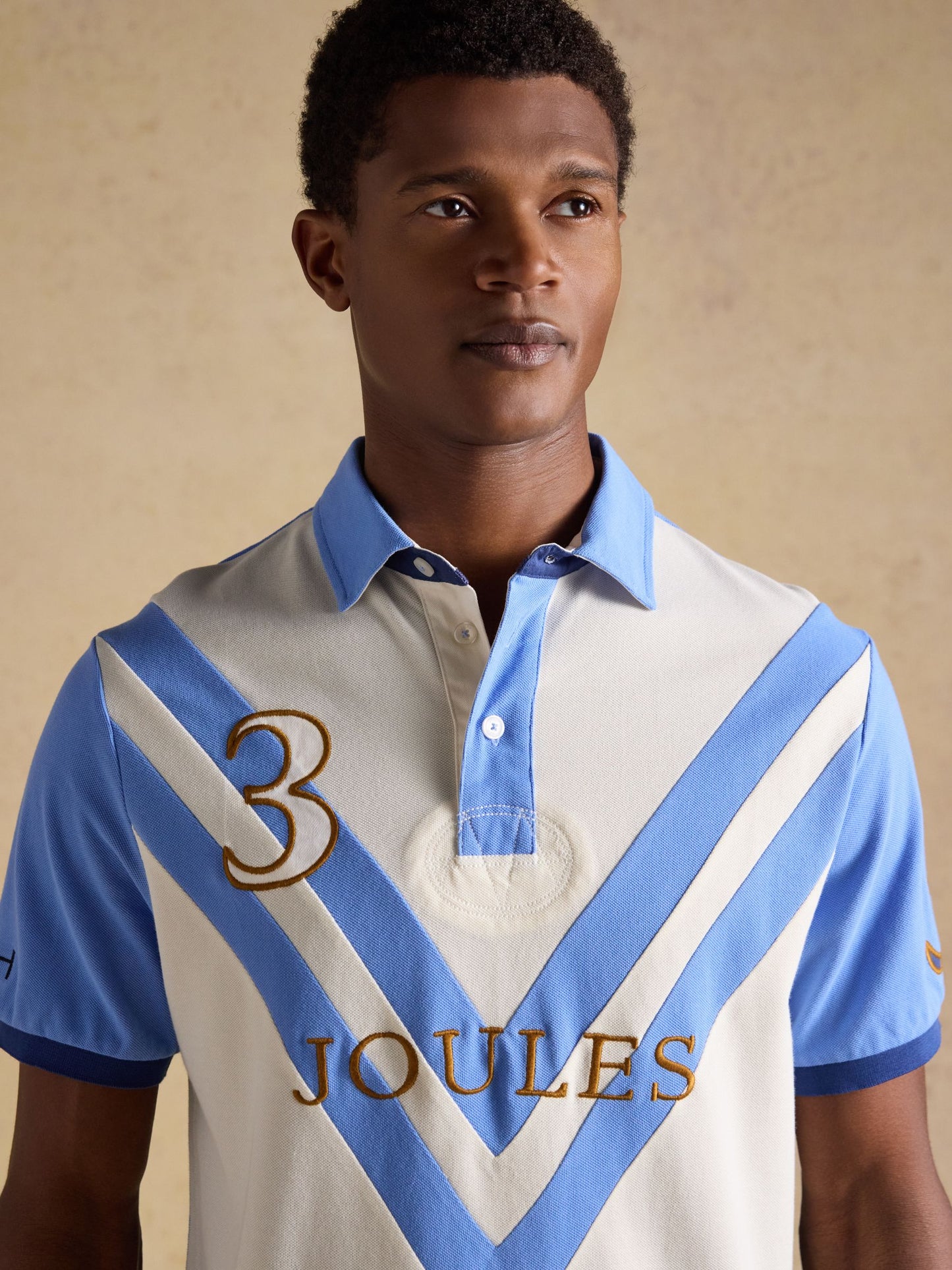 Embellished Cotton Pique Polo Shirt Cream & Blue