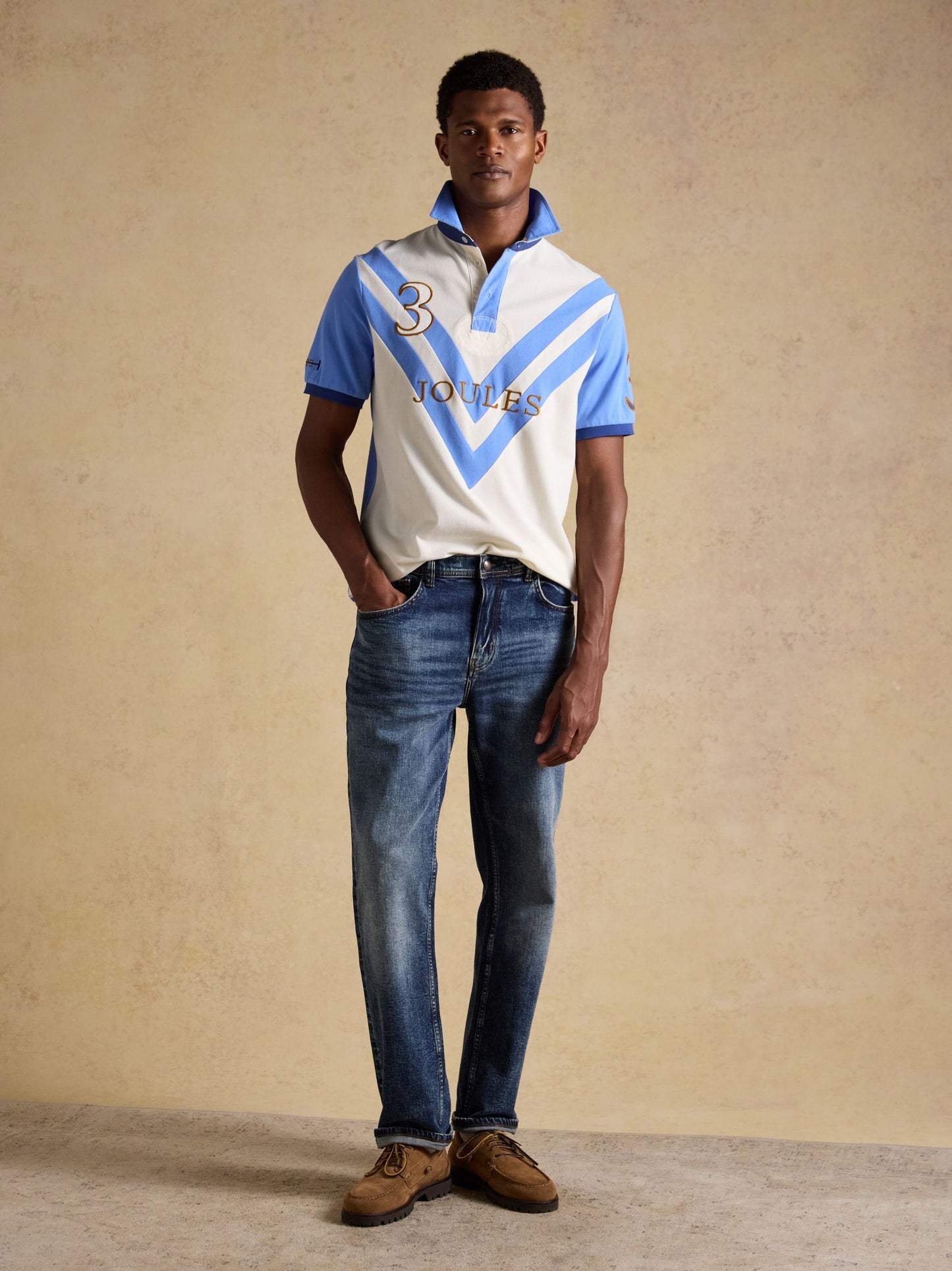 Embellished Cotton Pique Polo Shirt Cream & Blue