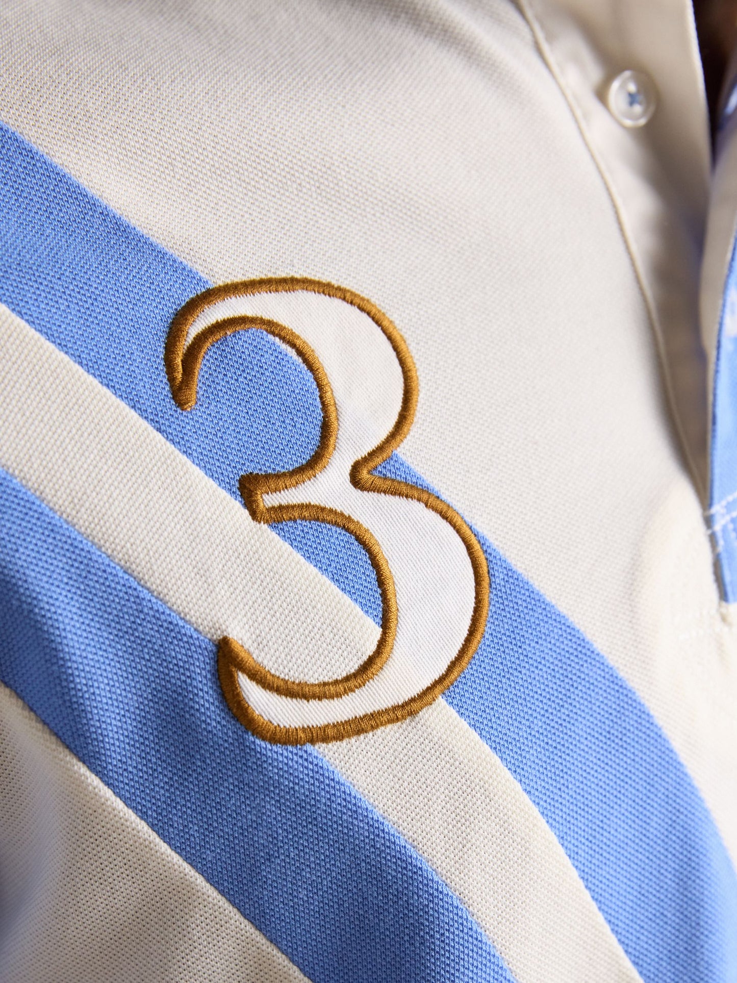 Embellished Cotton Pique Polo Shirt Cream & Blue