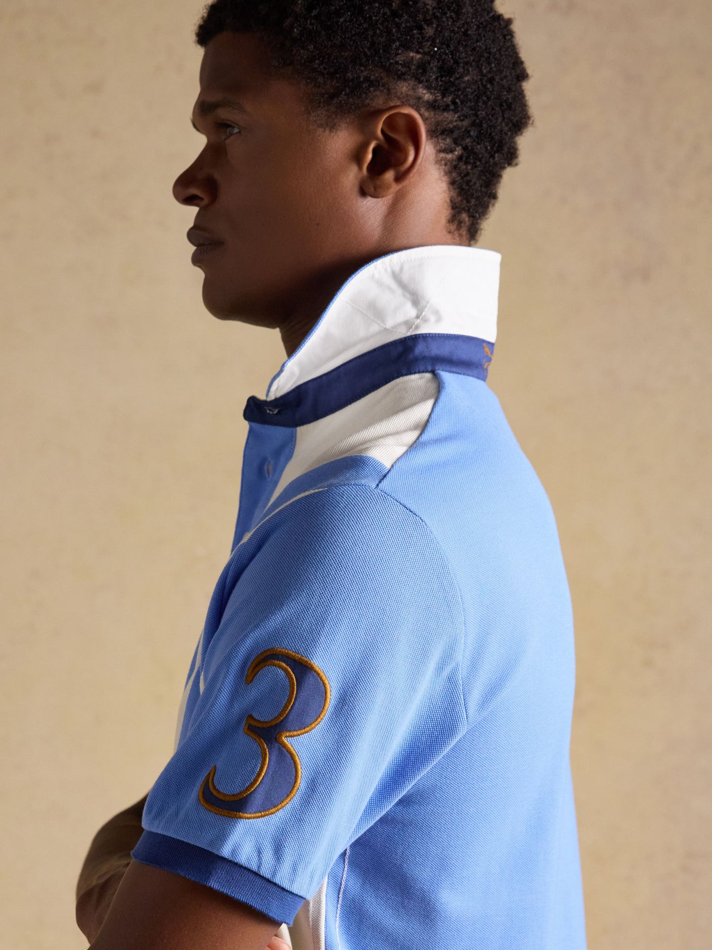 Embellished Cotton Pique Polo Shirt Cream & Blue