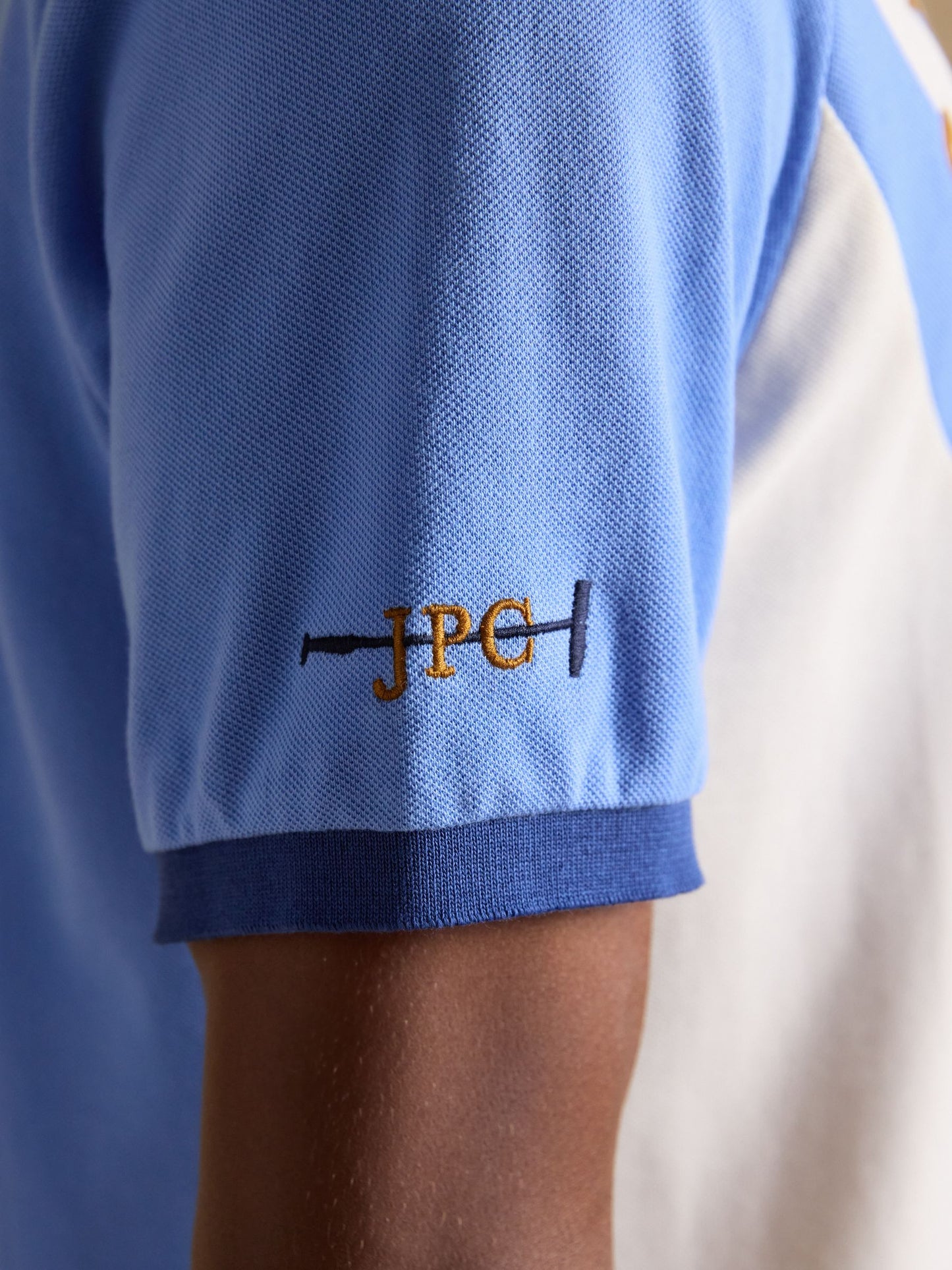 Embellished Cotton Pique Polo Shirt Cream & Blue