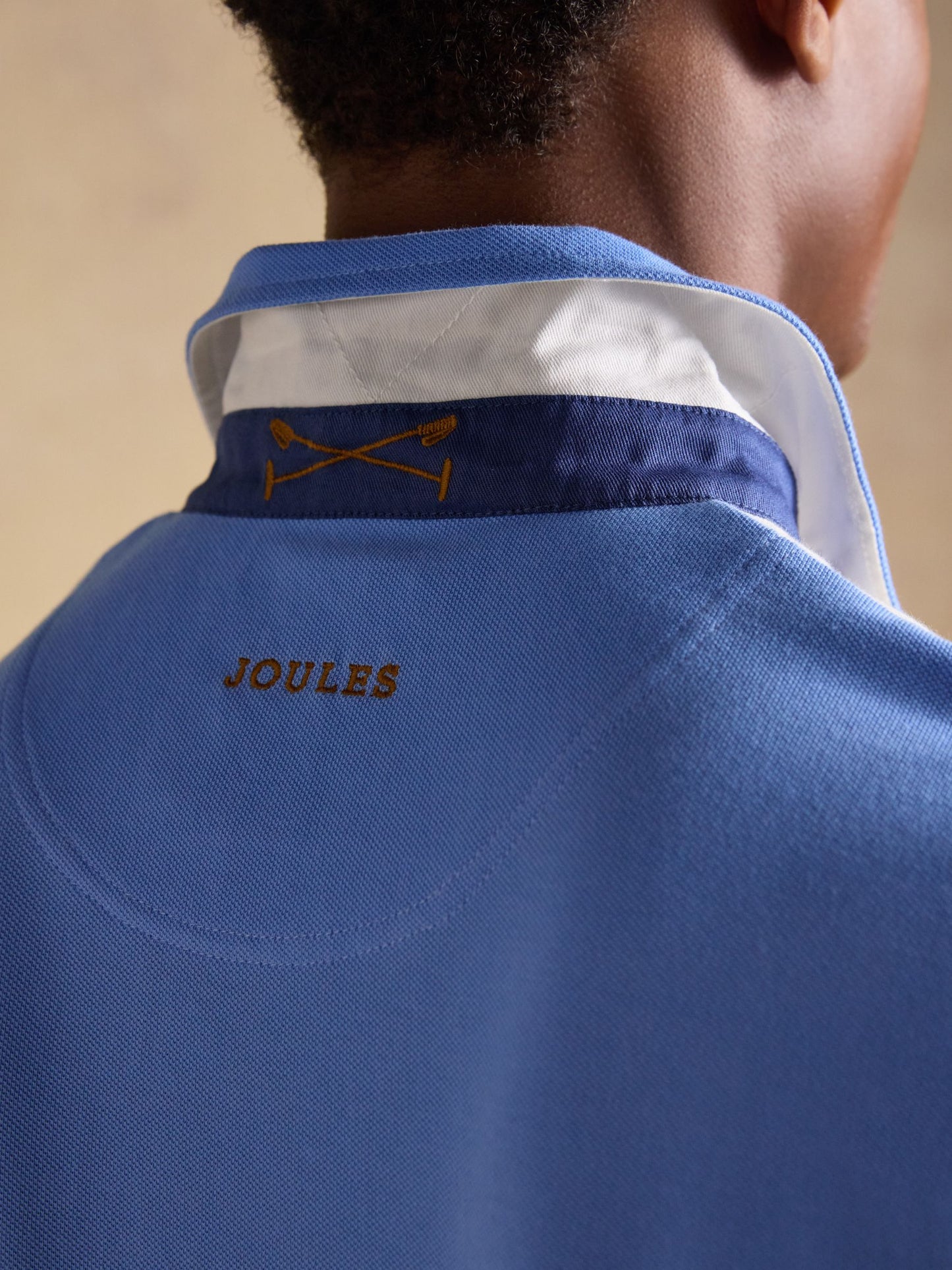 Embellished Cotton Pique Polo Shirt Cream & Blue
