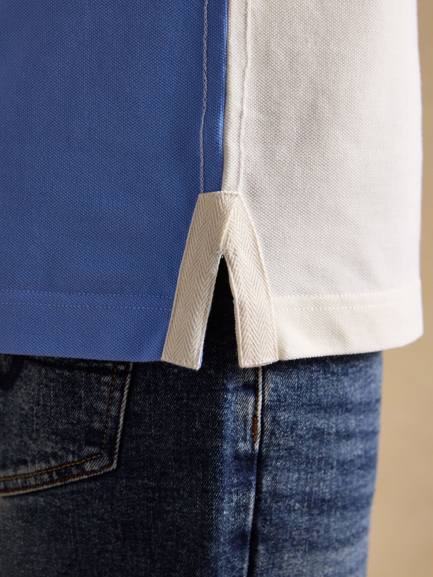 Embellished Cotton Pique Polo Shirt Cream & Blue