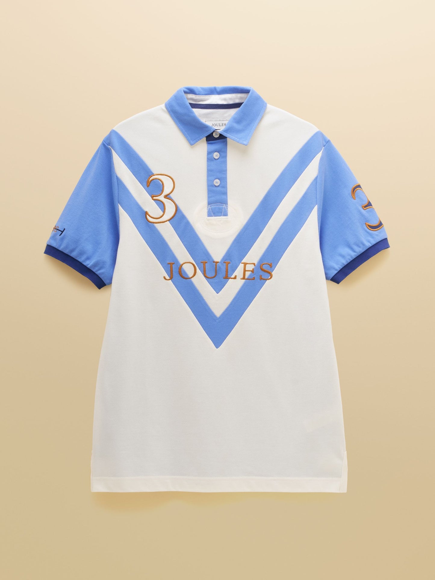 Embellished Cotton Pique Polo Shirt Cream & Blue