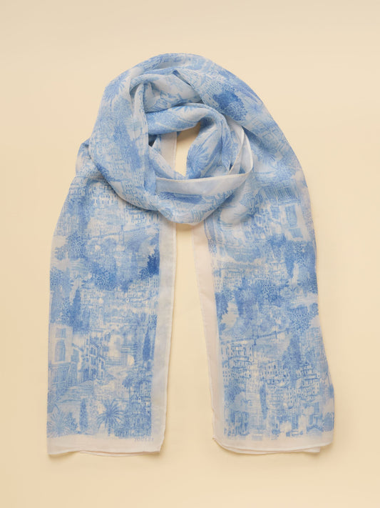 Abberton Blue Ecru Toile De Jouy Printed Scarf