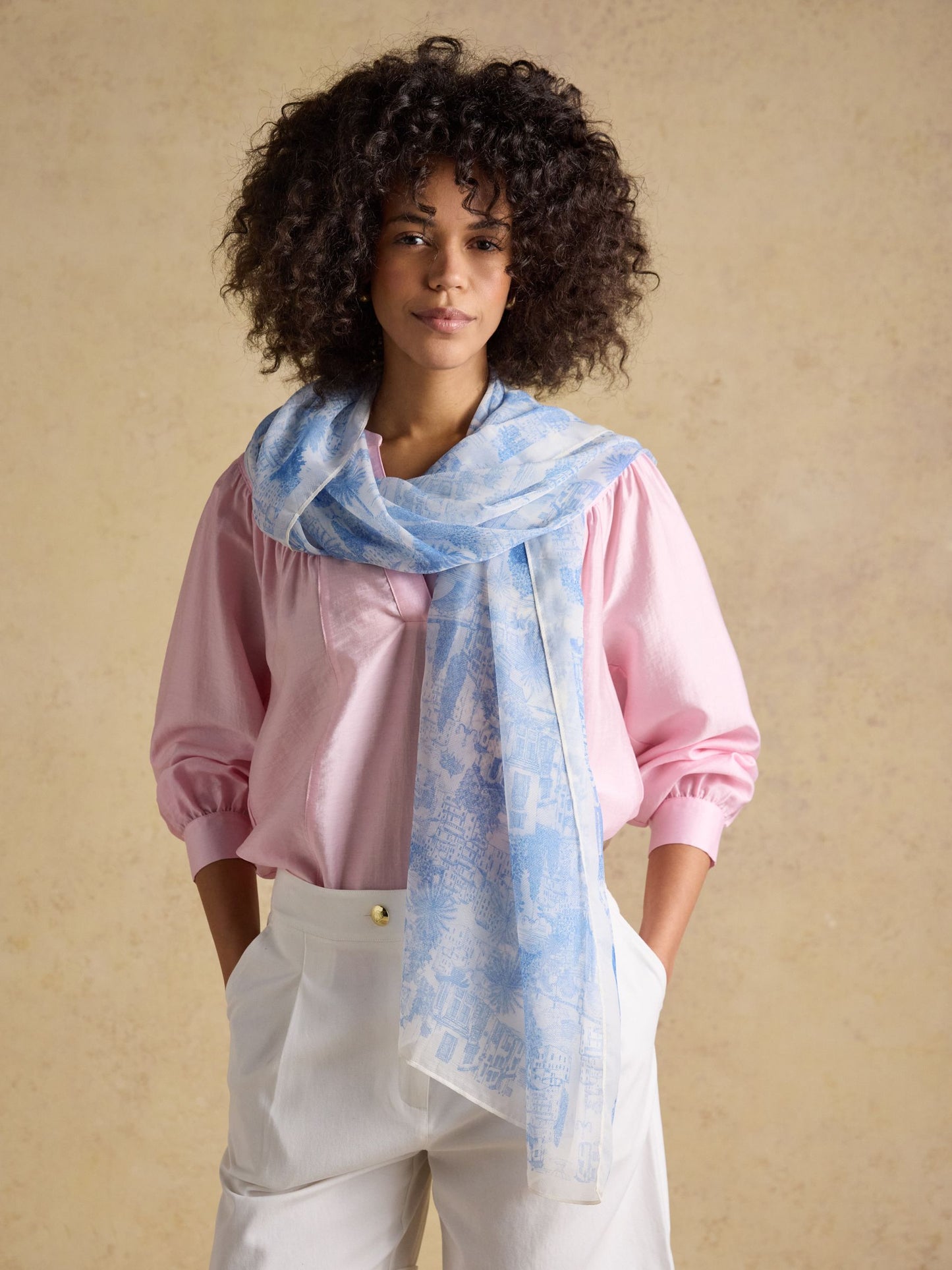 Abberton Blue Ecru Toile De Jouy Printed Scarf