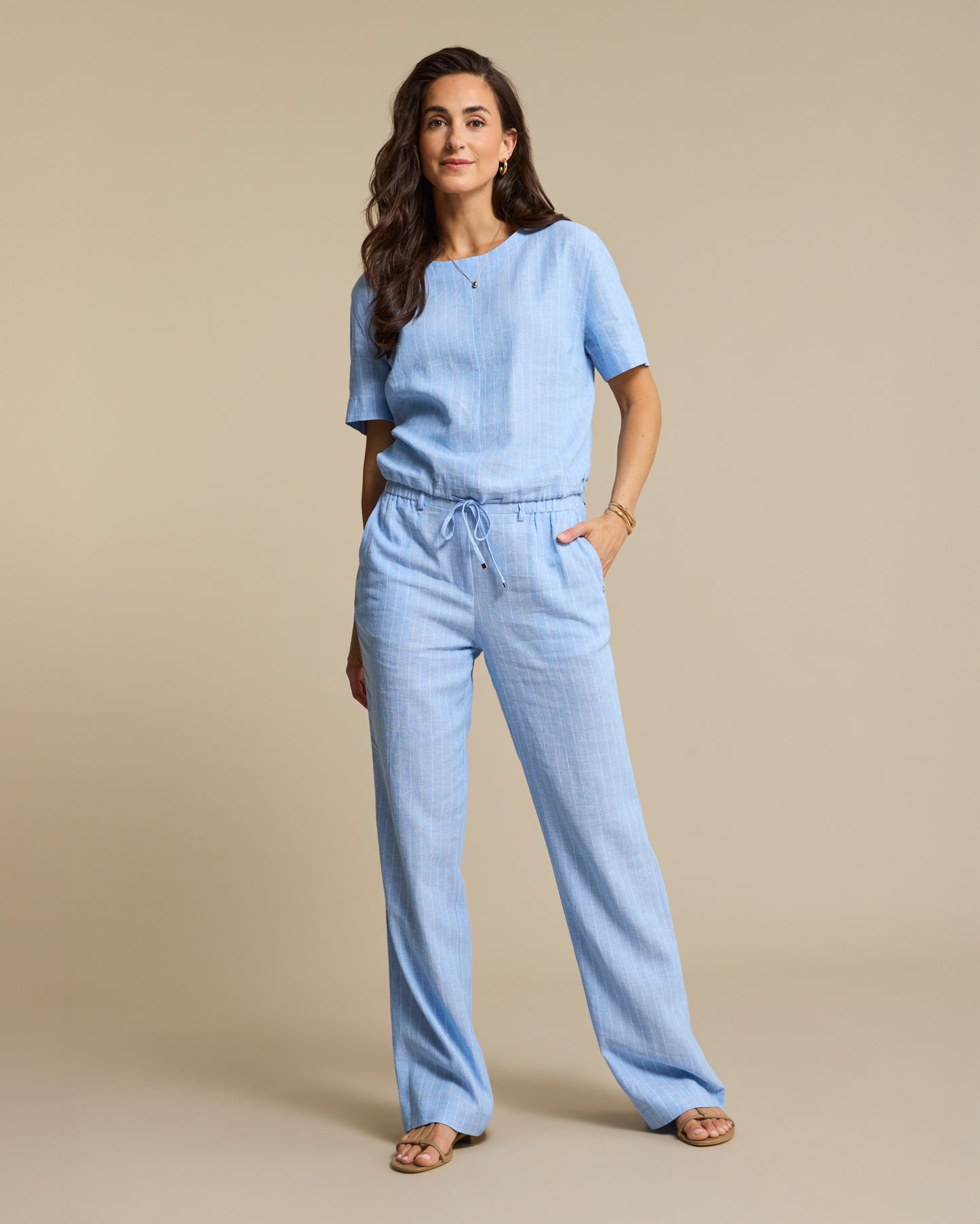 Skyler Linen Pinstripe Top Light Blue