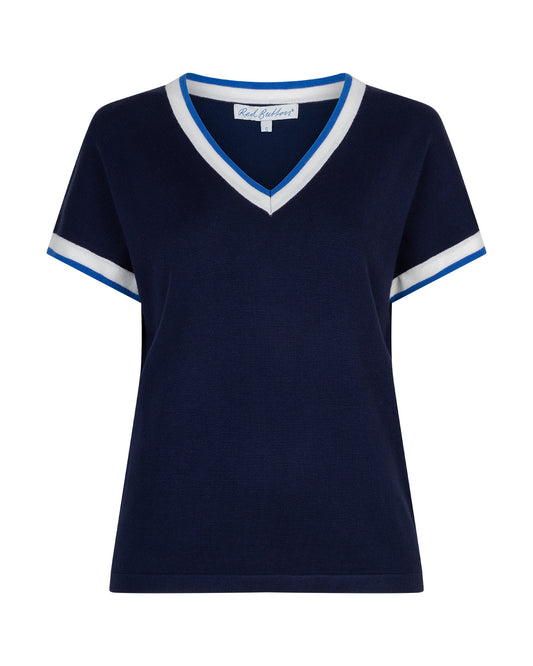 Jerry V-neck Striped Rib Top Dark Blue