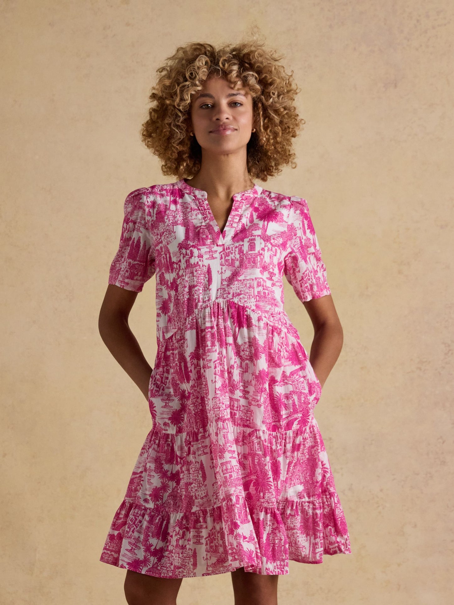 Ariella Pink Toile Cotton Tiered Knee Length Dress