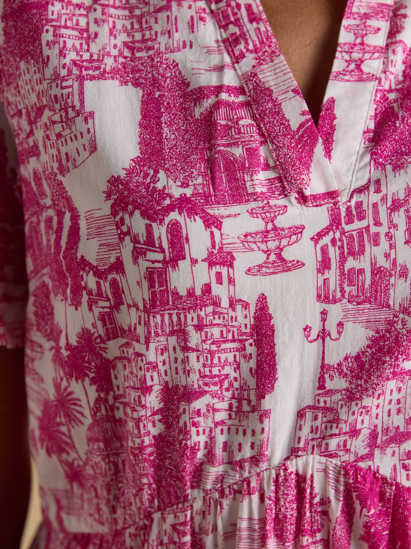 Ariella Pink Toile Cotton Tiered Knee Length Dress