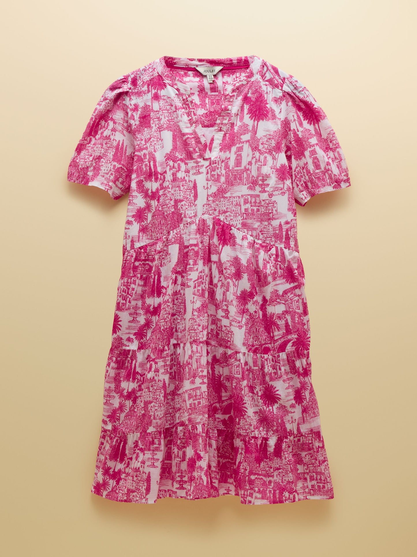 Ariella Pink Toile Cotton Tiered Knee Length Dress