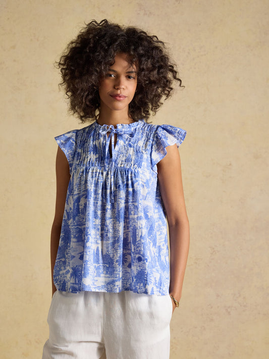 Nolan Blue Toile Sleeveless Tie Neck Blouse