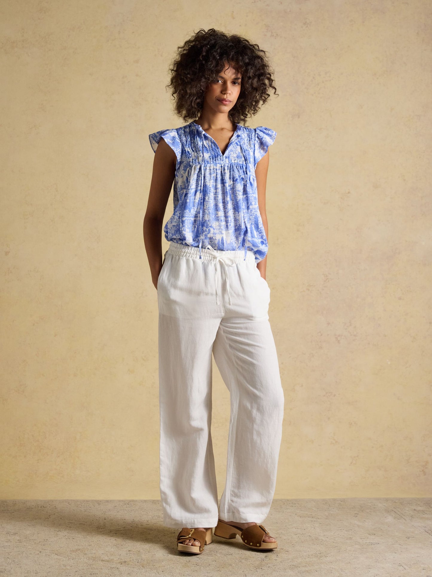 Nolan Blue Toile Sleeveless Tie Neck Blouse