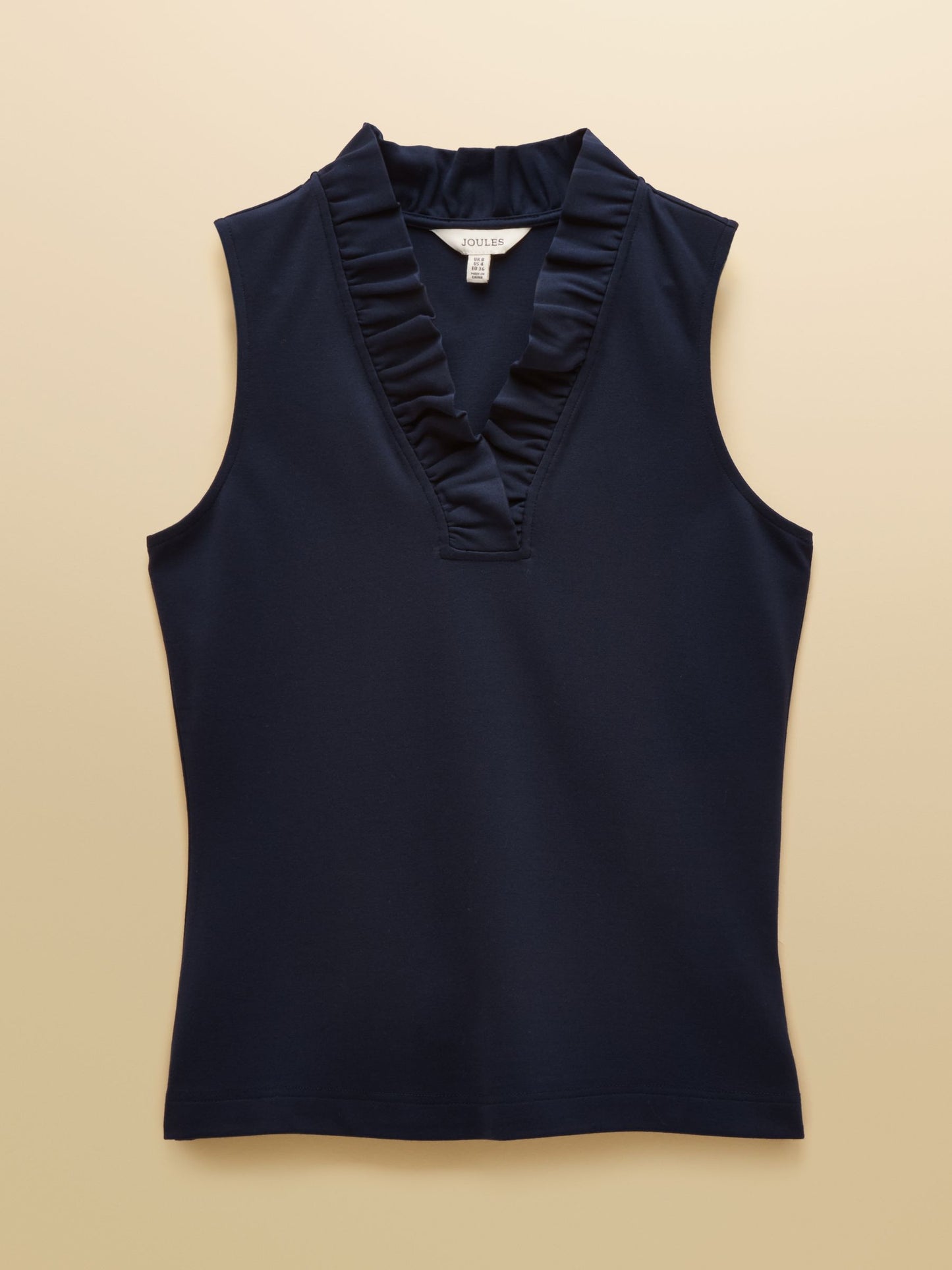 Heidi Navy Sleeveless Frill Neck Jersey Top