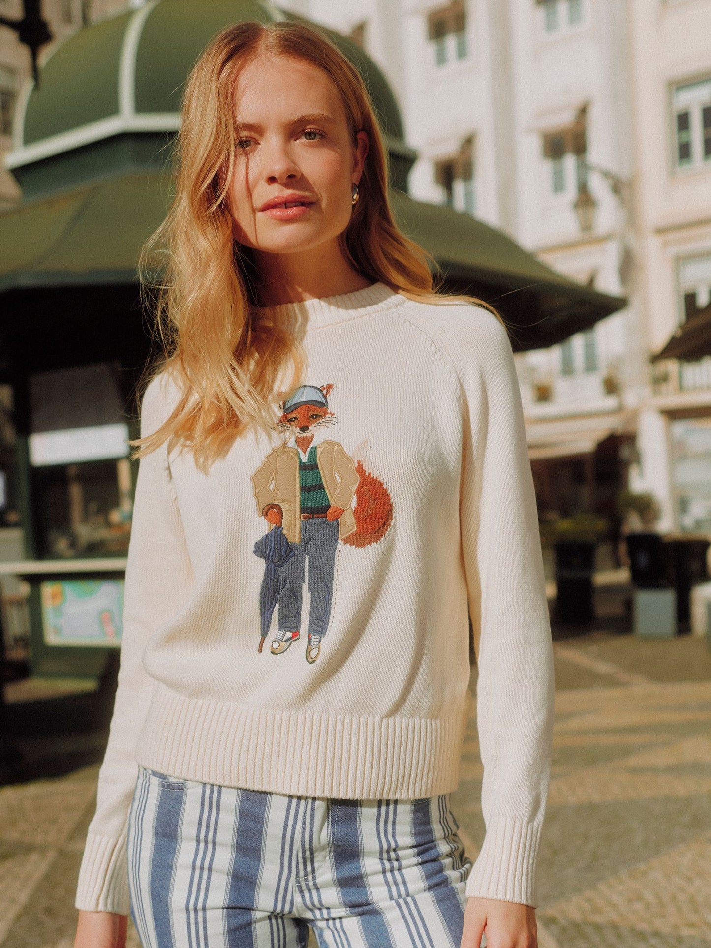 April Showers Cream Jonty Fox Embroidered Cotton-Rich Crew Neck