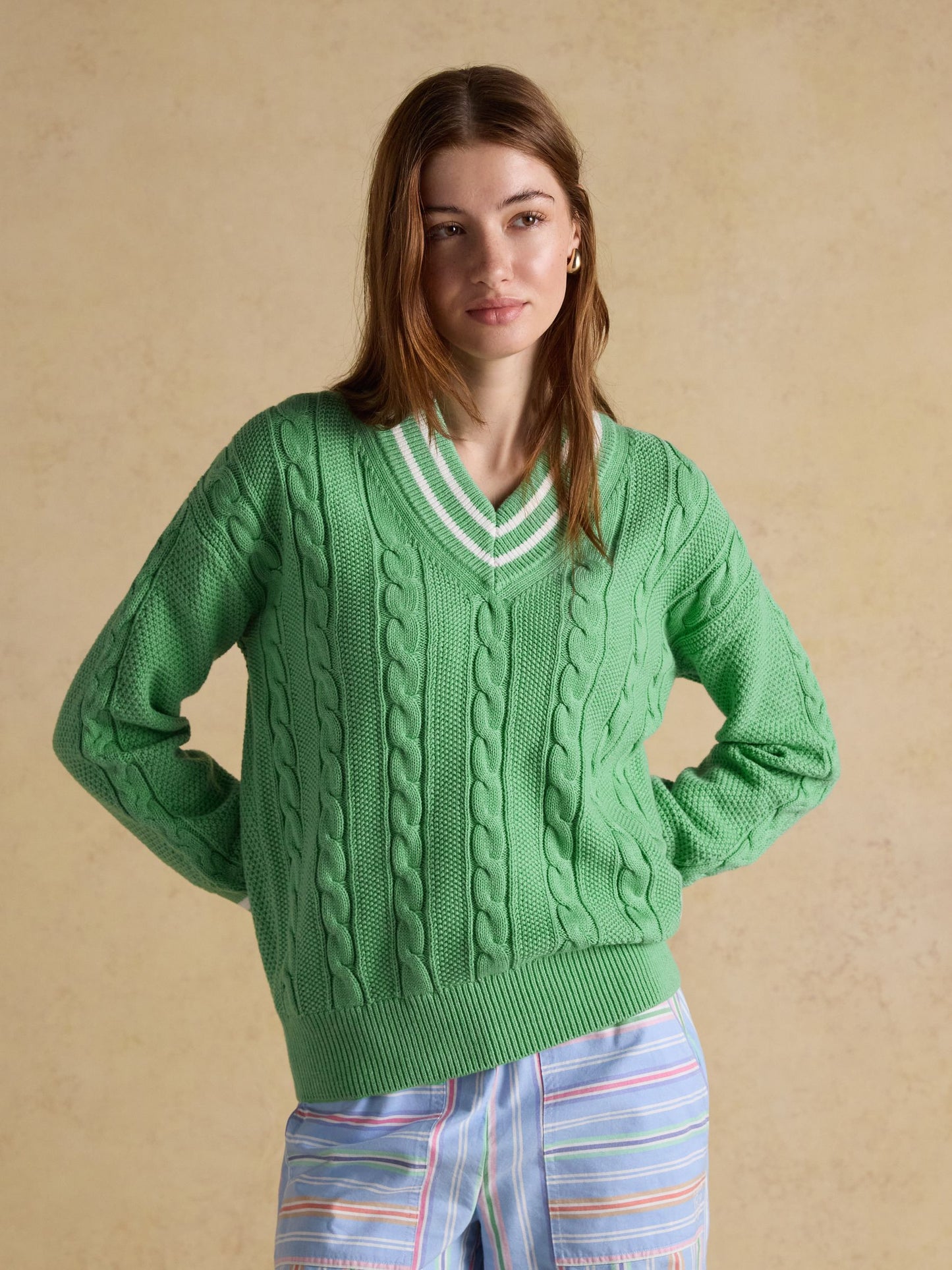 Green Cable Knit Cricket Cotton Jumper