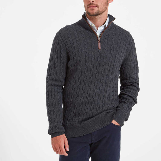 Cotton Cashmere Cable 1/4 Zip Jumper Charcoal