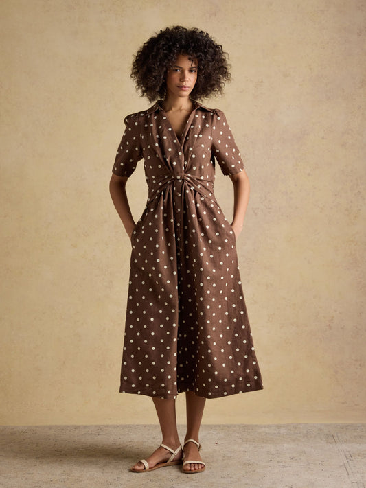 Marina Brown Polka Dot Midi Linen Blend Dress