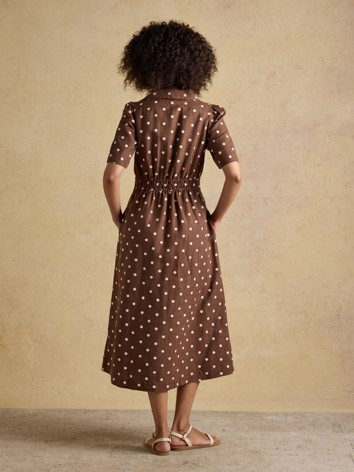 Marina Brown Polka Dot Midi Linen Blend Dress