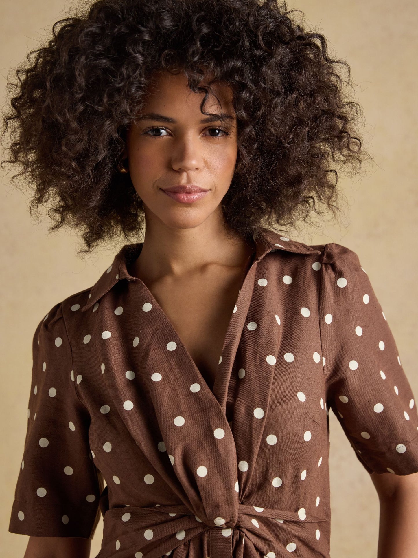 Marina Brown Polka Dot Midi Linen Blend Dress