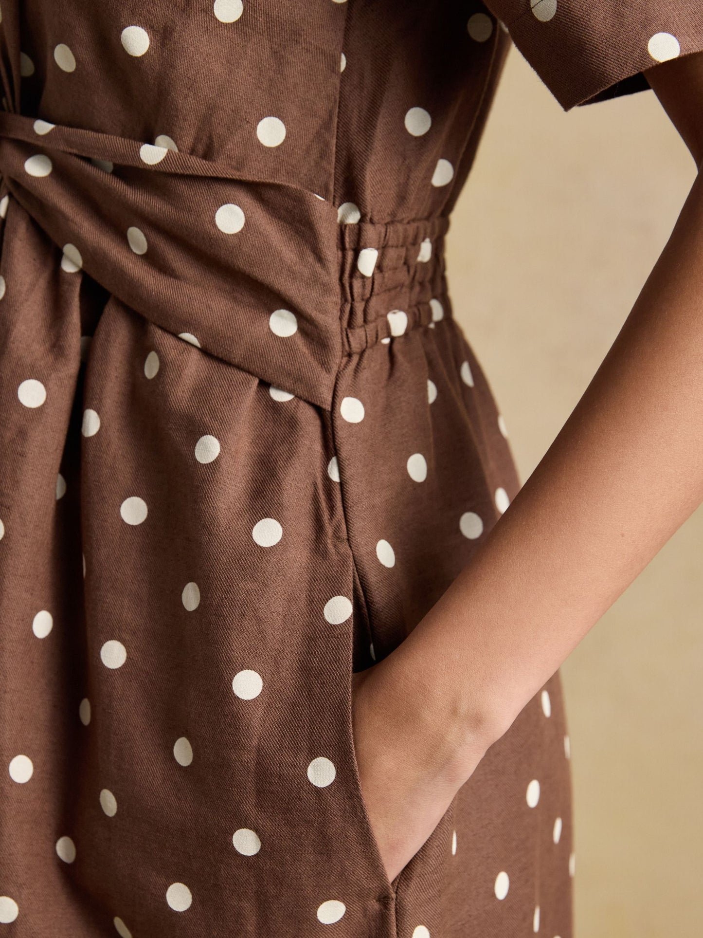 Marina Brown Polka Dot Midi Linen Blend Dress