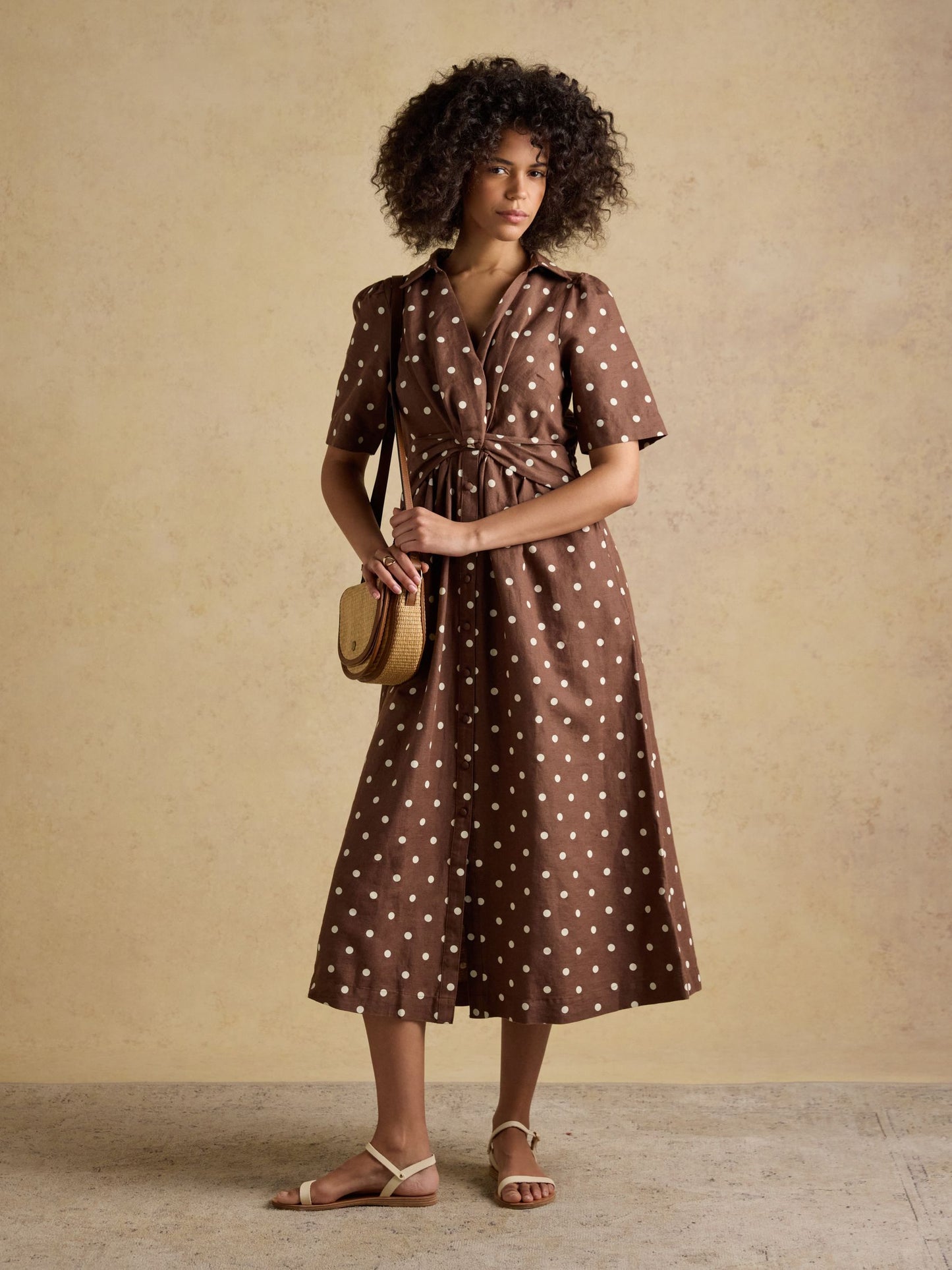Marina Brown Polka Dot Midi Linen Blend Dress