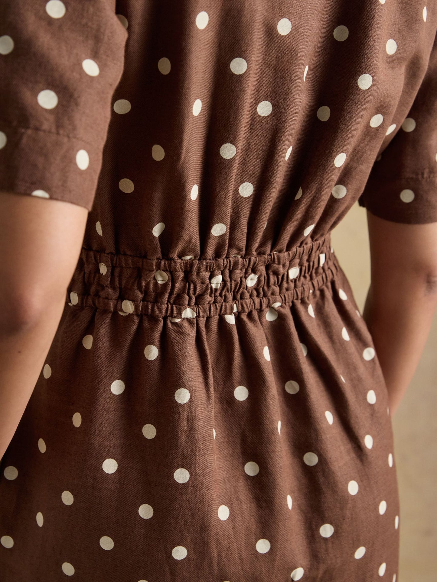 Marina Brown Polka Dot Midi Linen Blend Dress