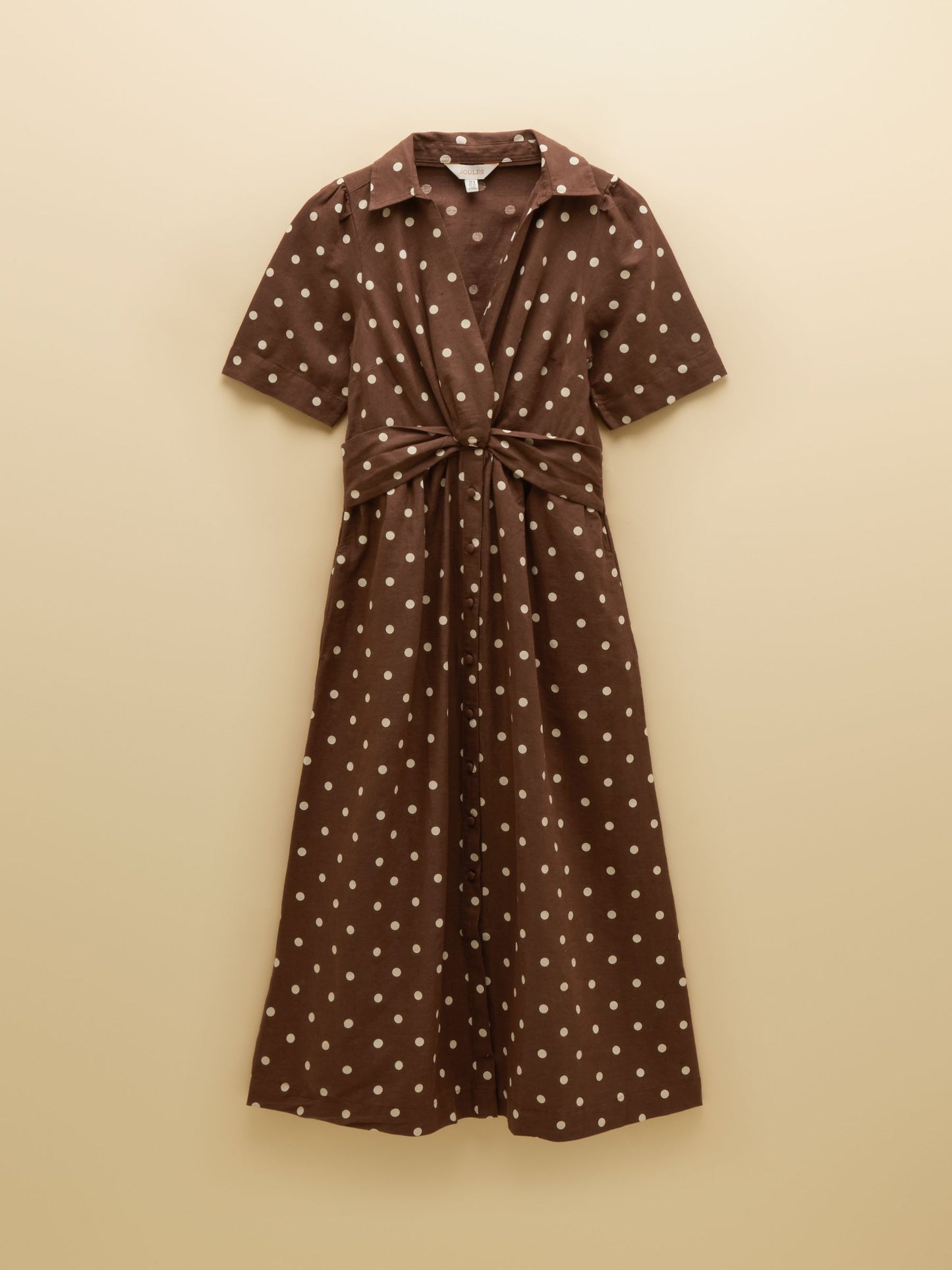 Marina Brown Polka Dot Midi Linen Blend Dress