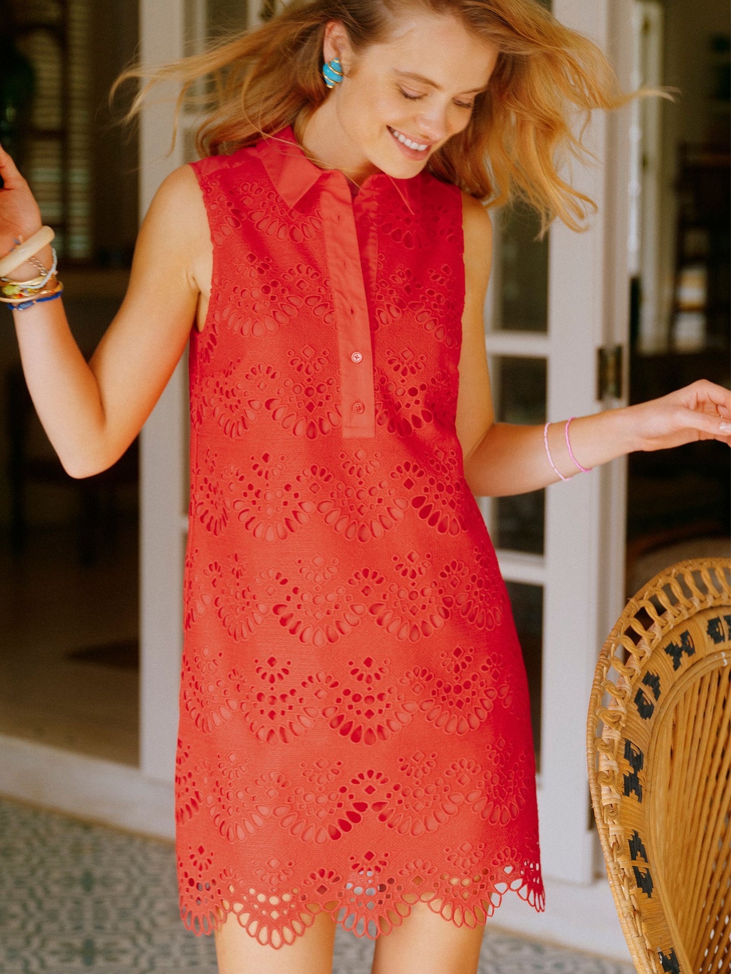Taylor Red Cayenne Broderie Shift Midi Dress
