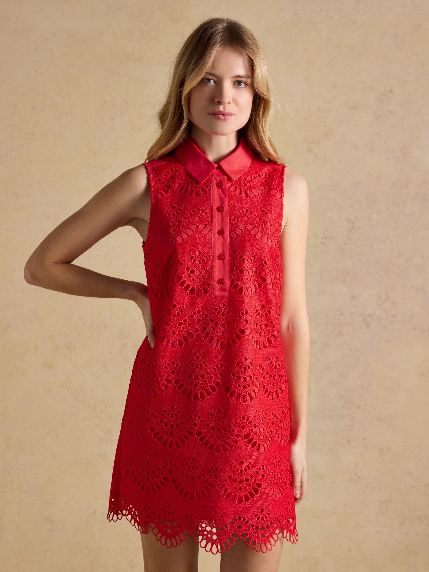 Taylor Red Cayenne Broderie Shift Midi Dress