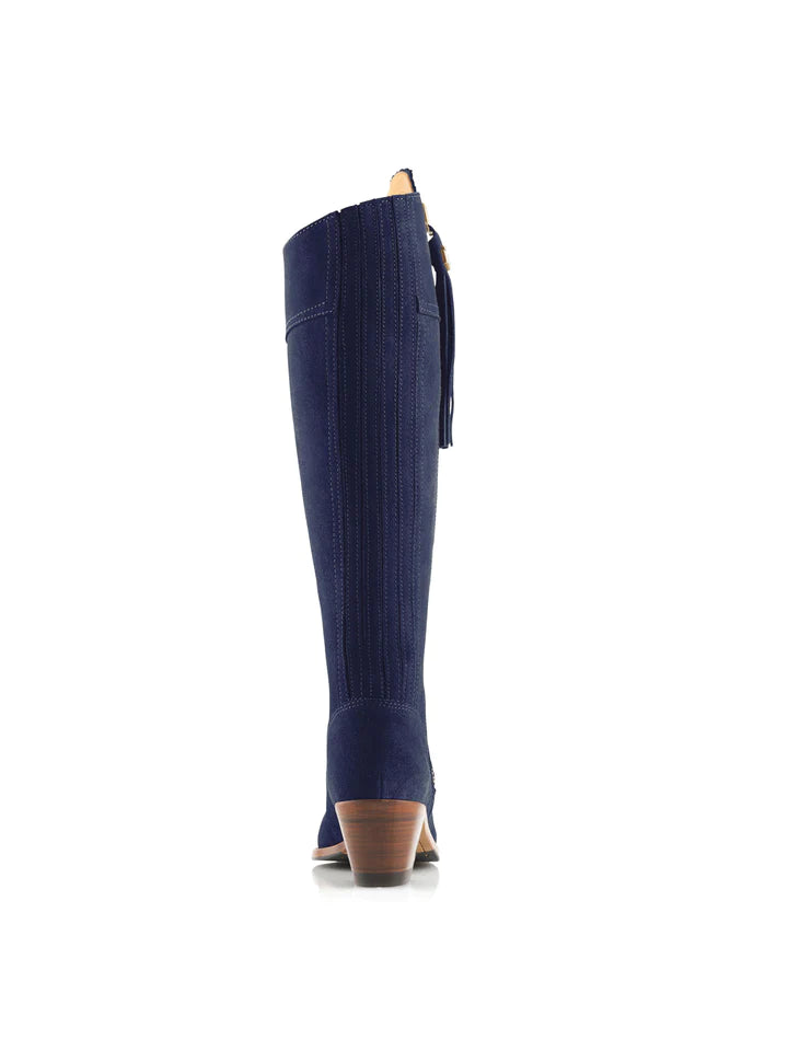 The Regina
Women's Tall Heeled Boot - Ink Suede, Narrow Calf