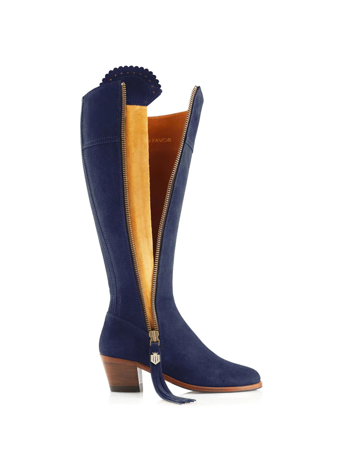 The Regina
Women's Tall Heeled Boot - Ink Suede, Narrow Calf