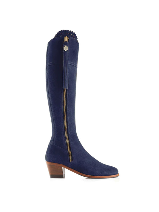 The Regina
Women's Tall Heeled Boot - Ink Suede, Narrow Calf