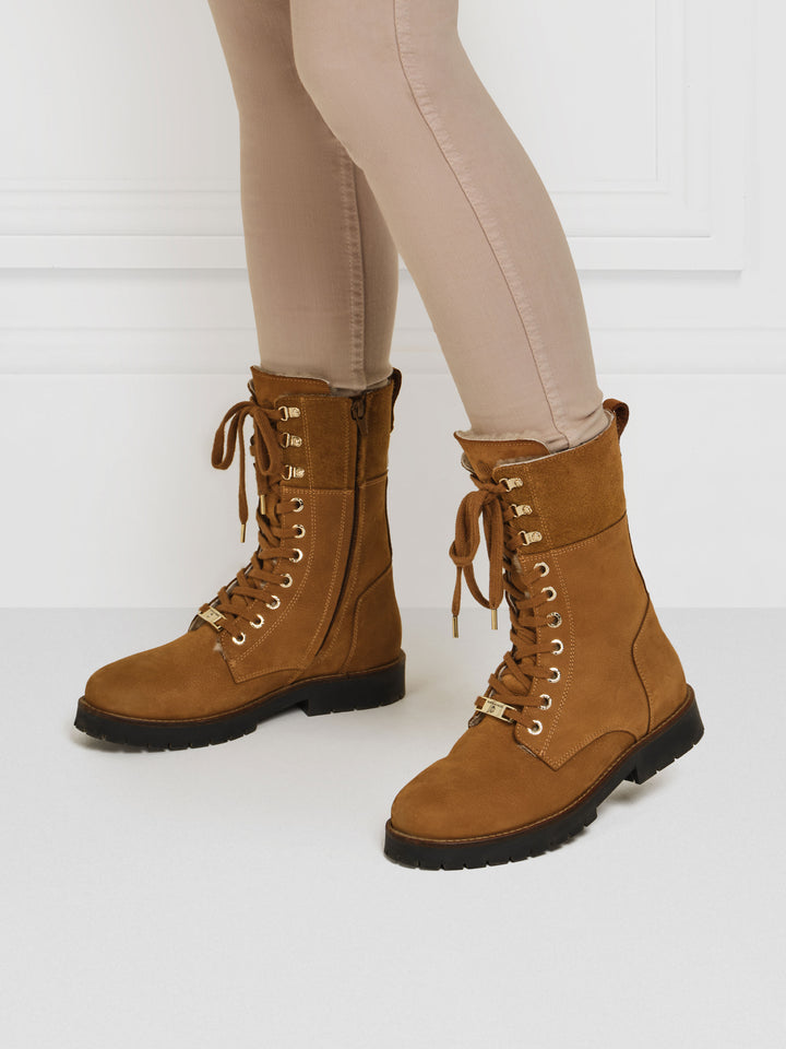 The Anglesey Shearling Lined Combat Boot - Cognac Nubuck
