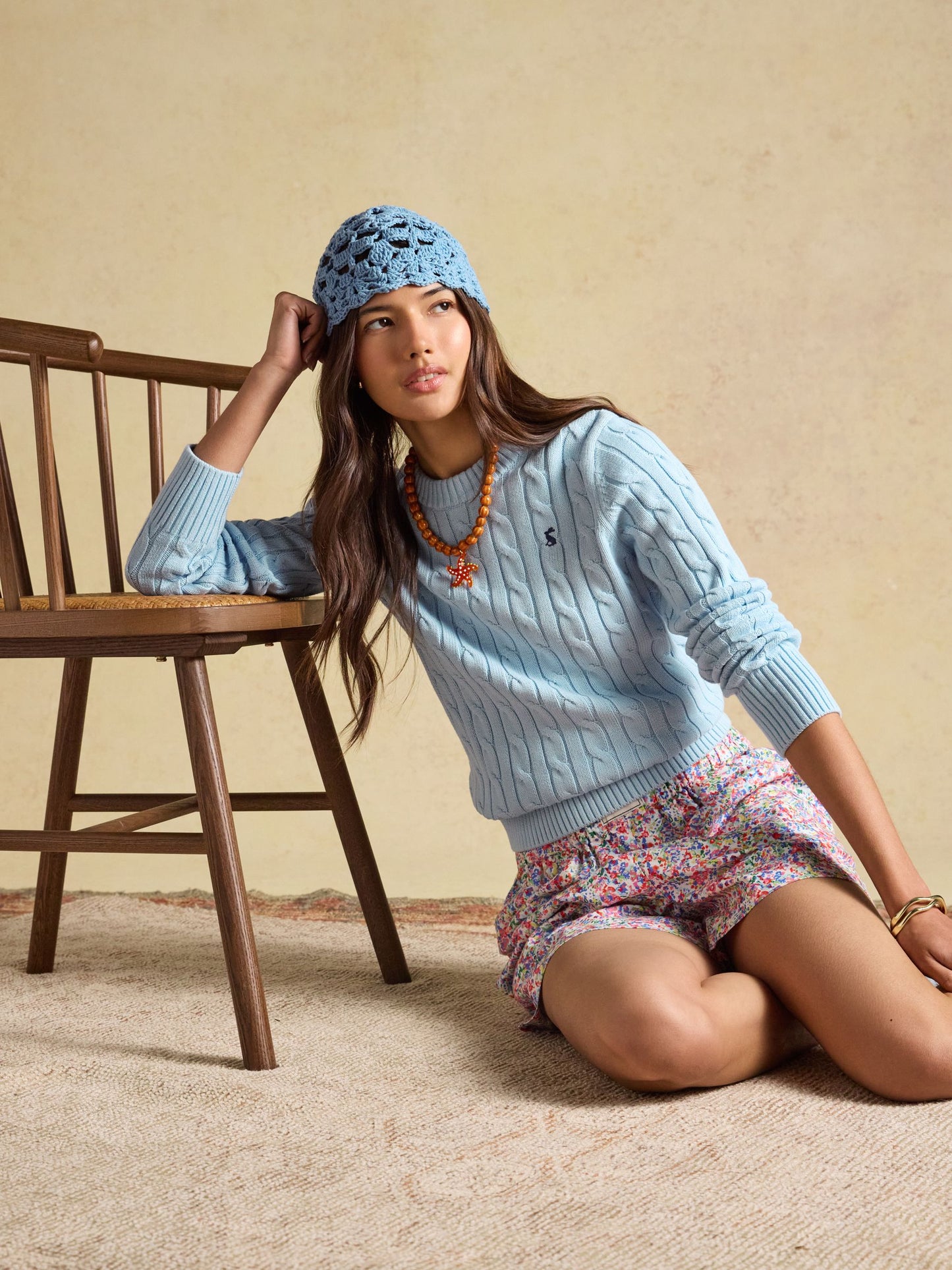 Light Blue Classic Crew Neck Cotton Cable Knit Jumper