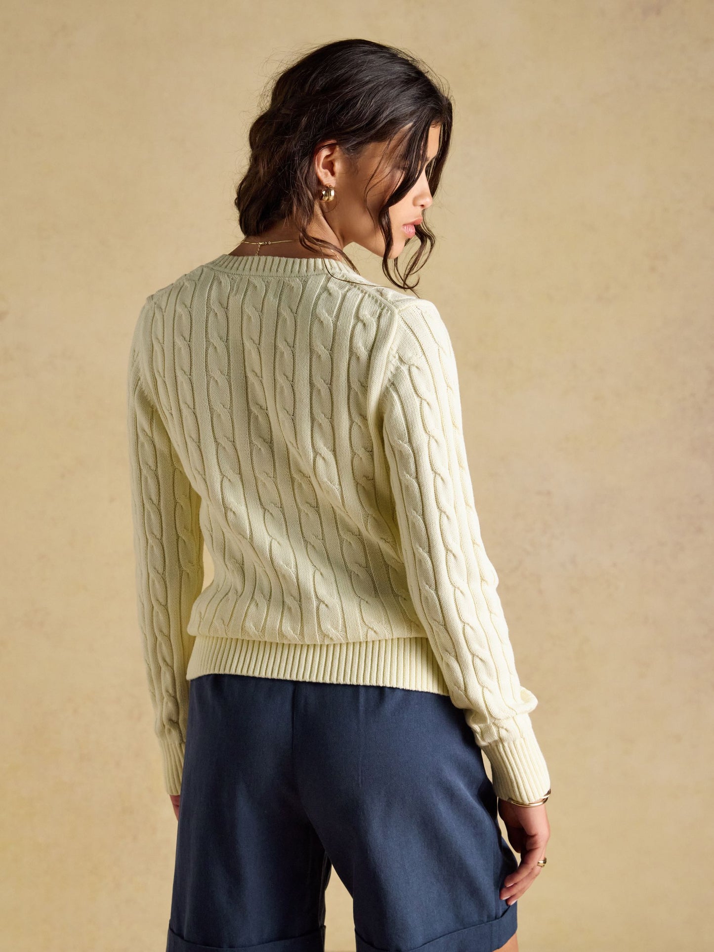 Cream Classic V-Neck Cotton Cable Knit Jumper