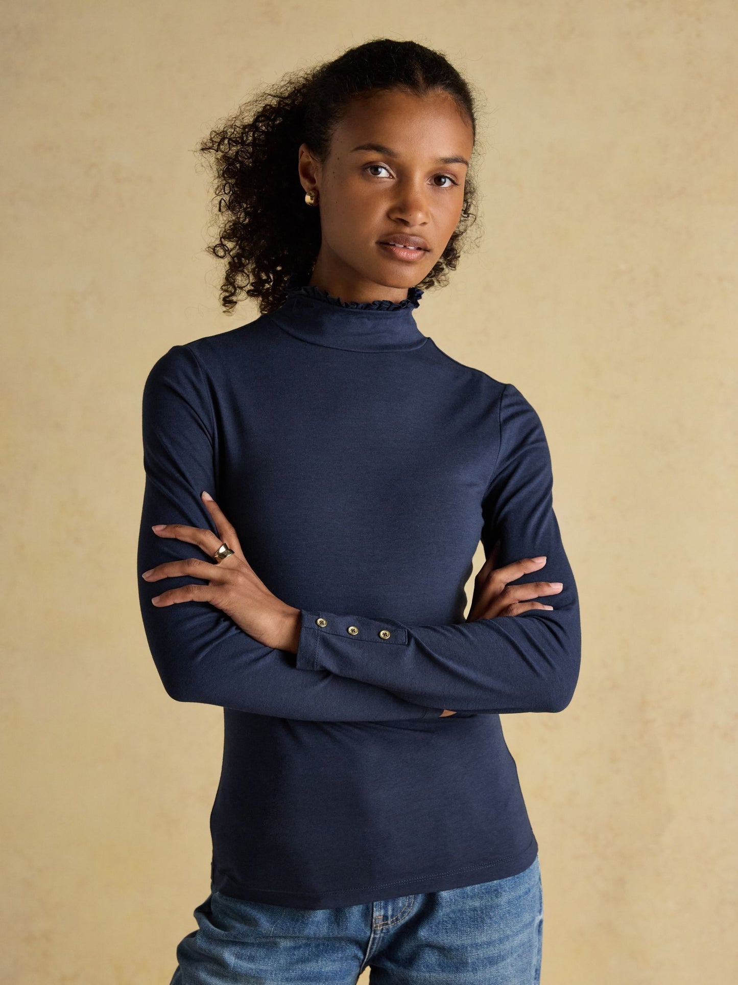 Amy Navy Long Sleeve High Frill Neck Jersey Top