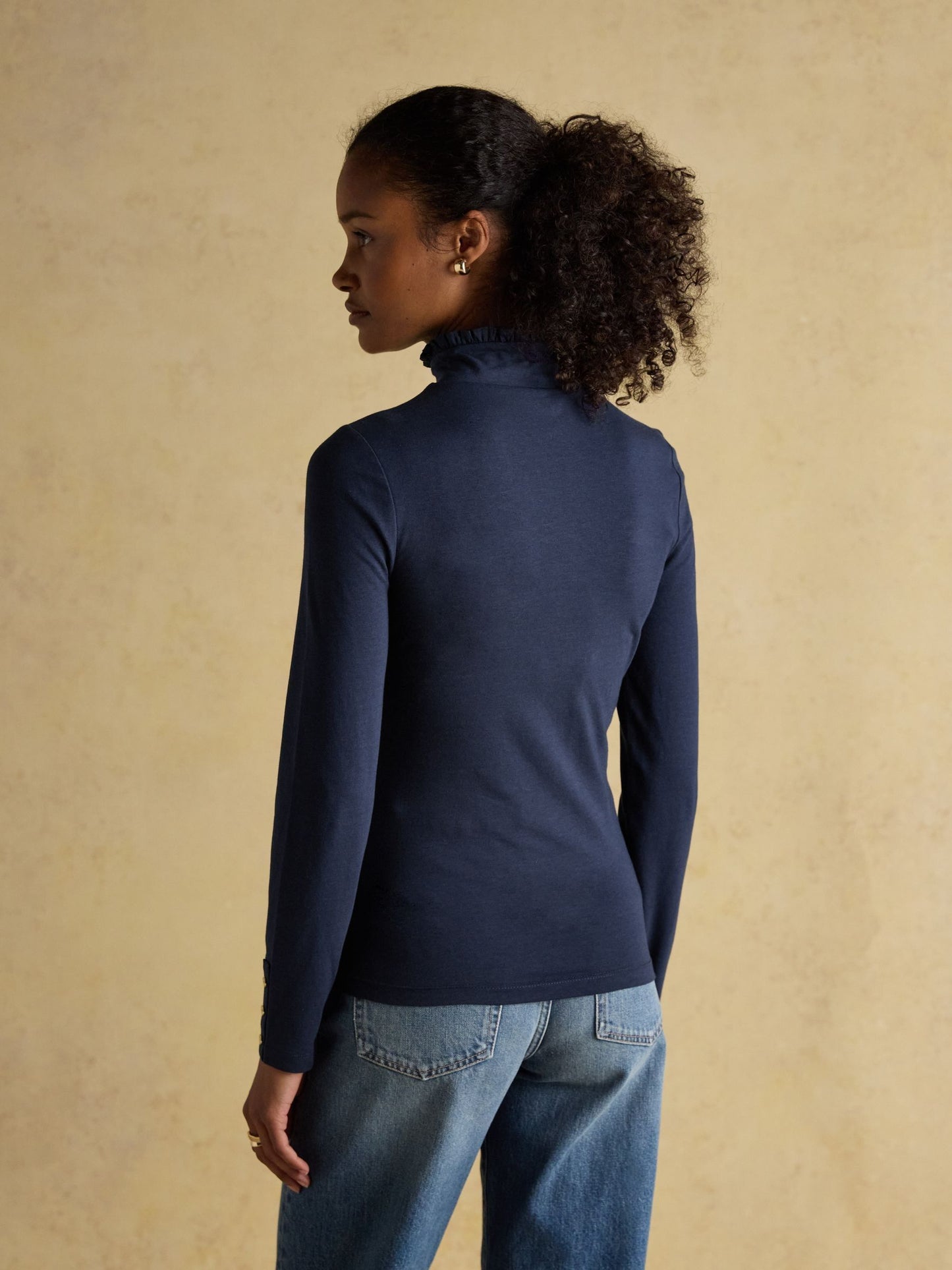 Amy Navy Long Sleeve High Frill Neck Jersey Top