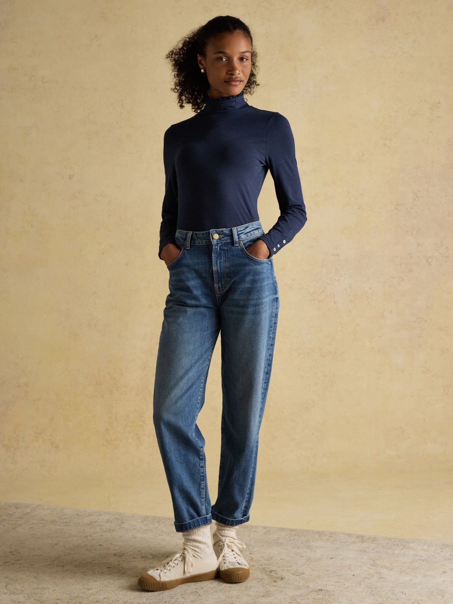 Amy Navy Long Sleeve High Frill Neck Jersey Top