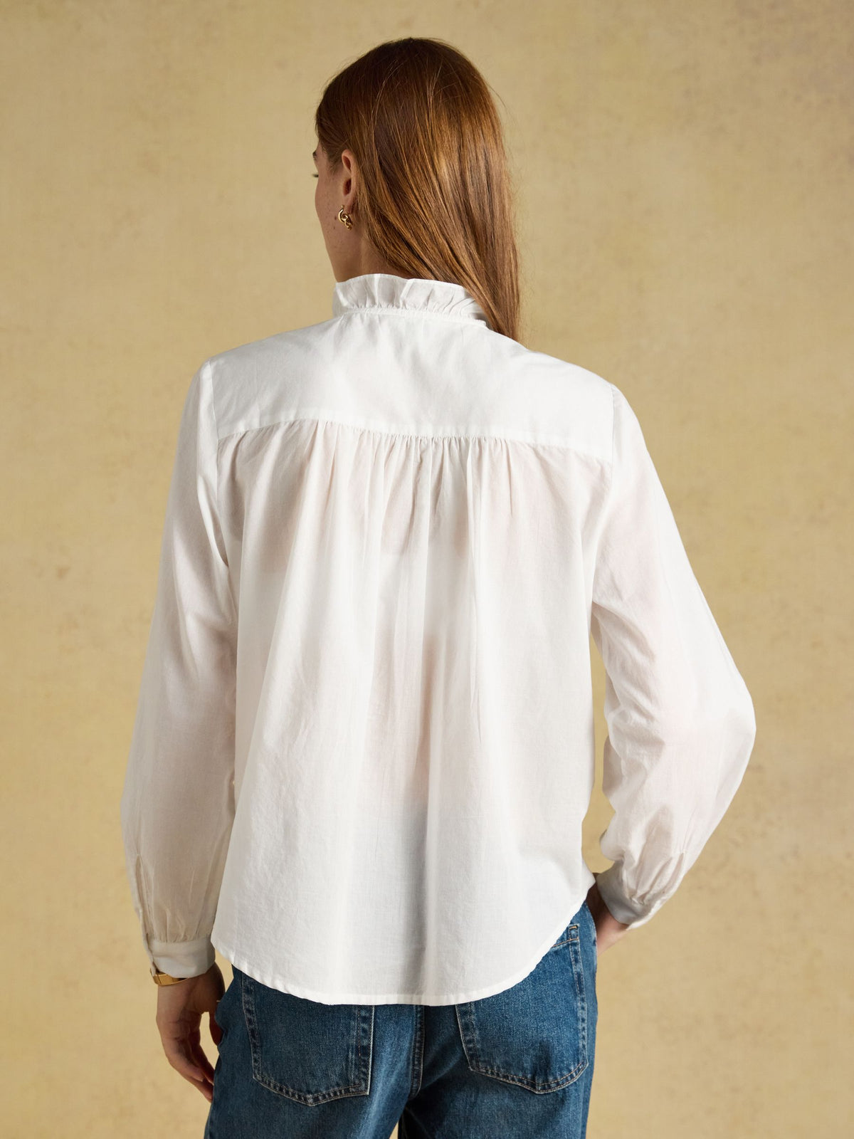 Melanie White Long Sleeve Blouse With Ruffle Neck