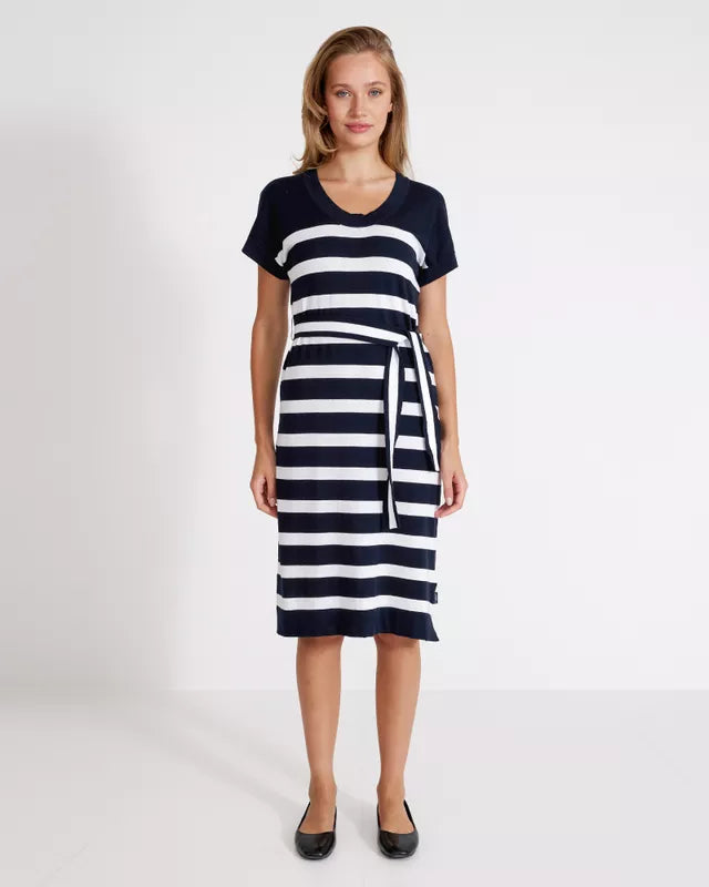 Lottie Dress Knitted cotton dress with belt Navy/White