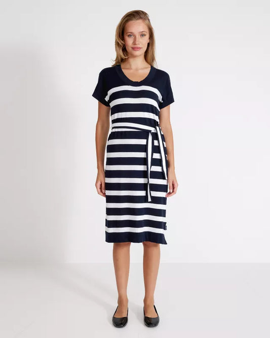 Lottie Dress Knitted cotton dress with belt Navy/White