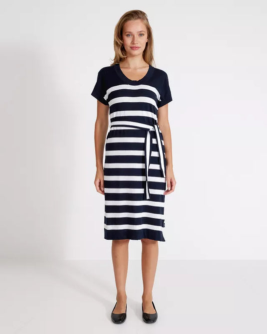 Lottie Dress Knitted cotton dress with belt Navy/White