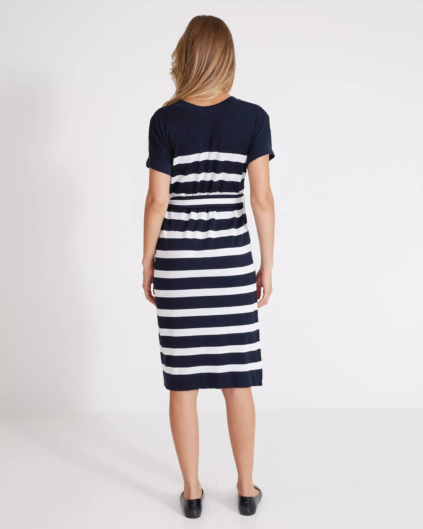 Lottie Dress Knitted cotton dress with belt Navy/White