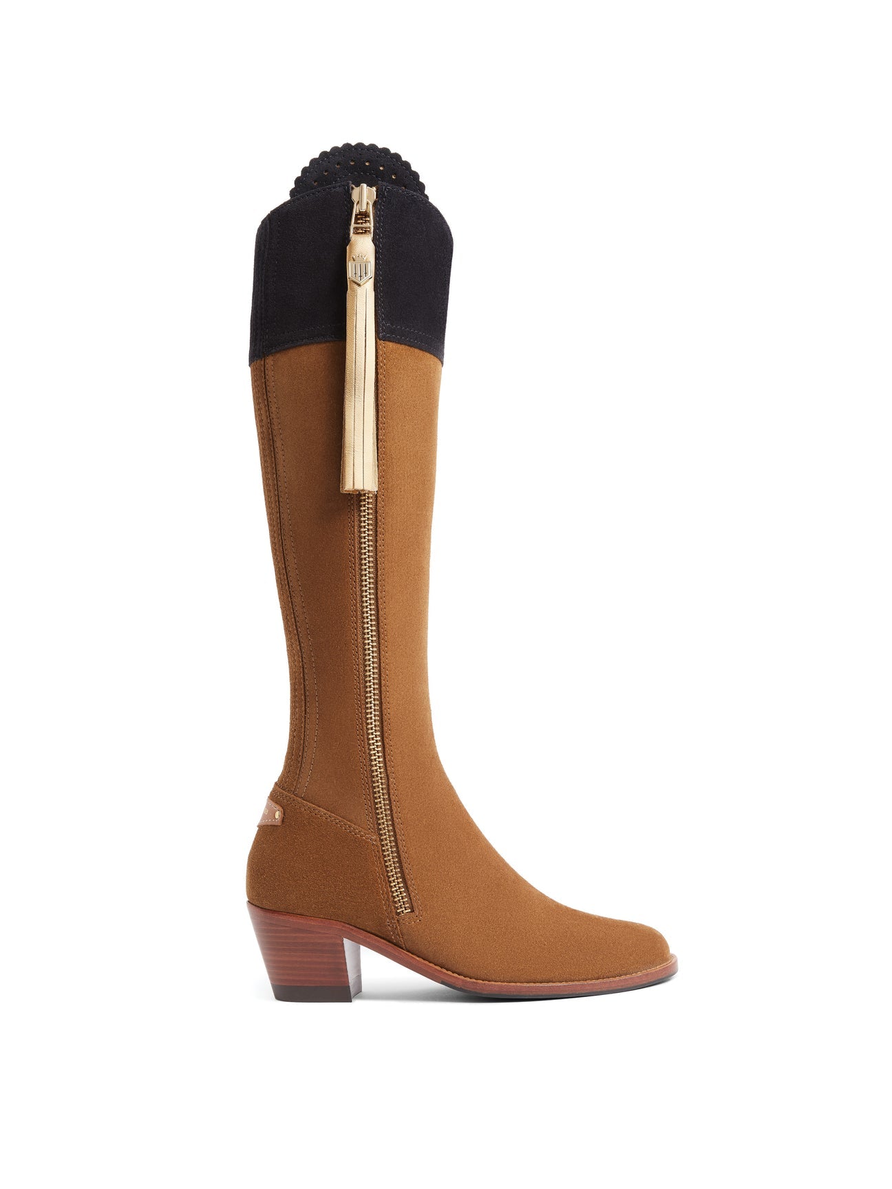 The Regina Women’s Tall Heeled Boot - Tan, Navy & Gold Suede- Sporting Fit