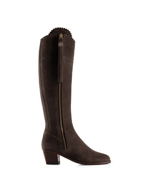 SECONDS The Regina Women's Tall Heeled Boot - Chocolate Suede, Sporting Calf