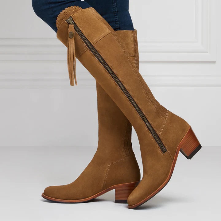 The Heeled Regina, Women’s Tall Boot - Tan Suede, Regular Fit