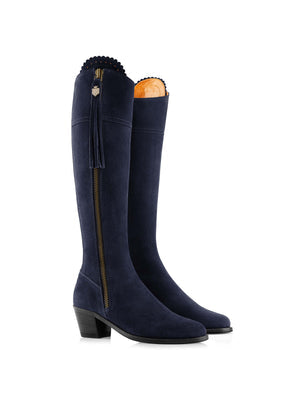 The Regina Women's Tall Heeled Boot - Navy Blue Suede, Narrow Calf